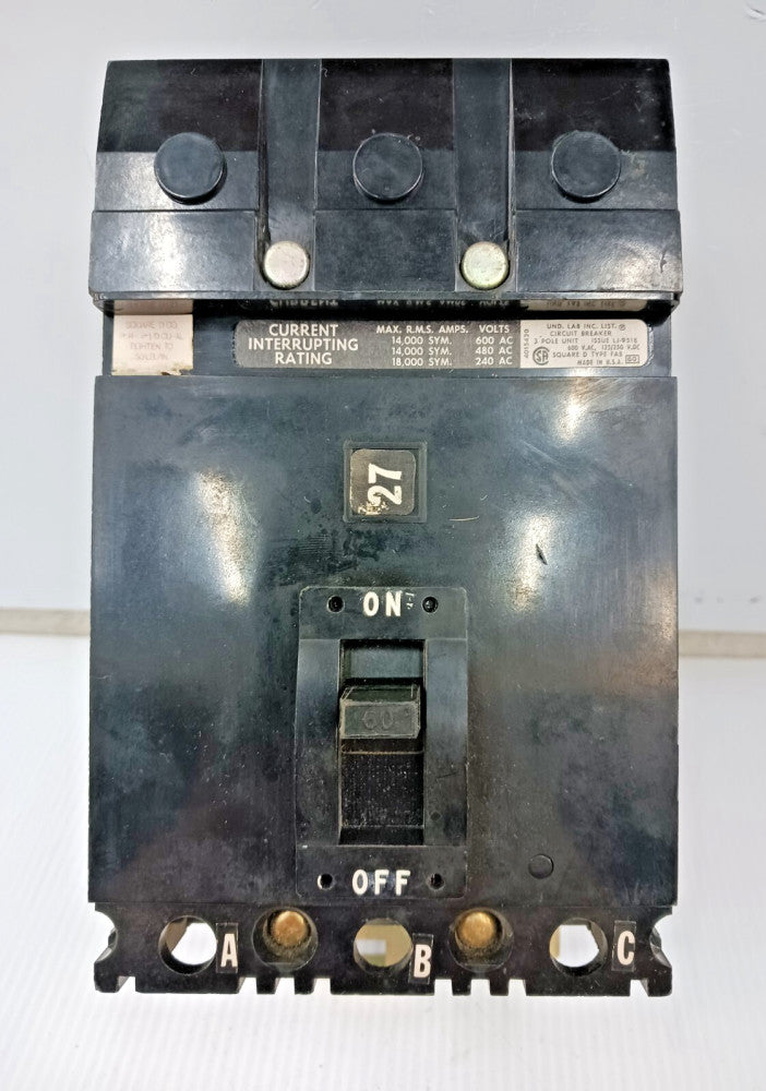 SQUARE D 60 AMP I-LINE CIRCUIT BREAKER 3 POLE 600 VAC FAB-36060