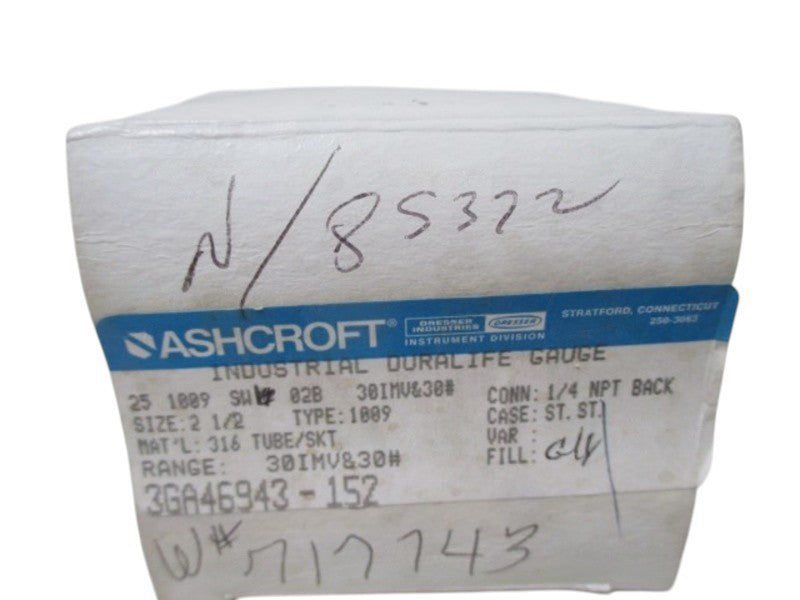 ASHCROFT 251009SW02B-30IMV&30# PRESSURE GAUGE 30-0 IMV 0-30 PSI  NSMP