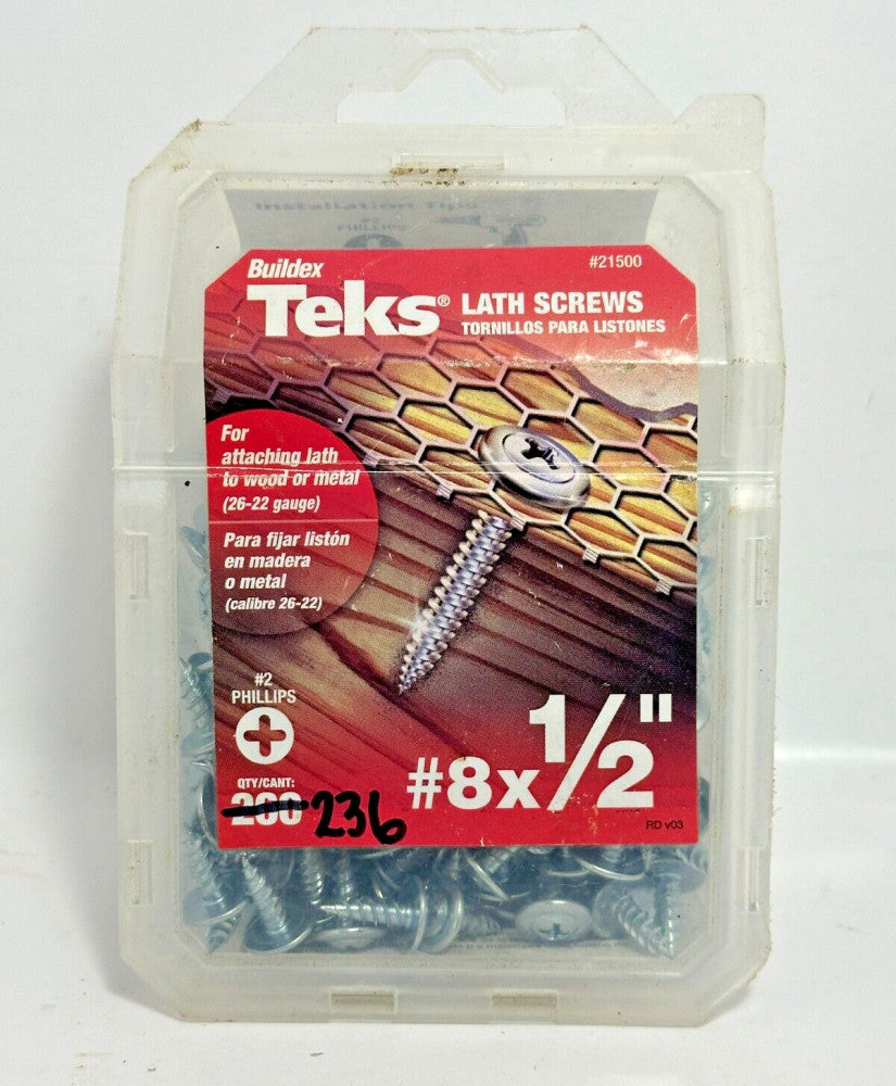 236ct Buildex Teks 21500 Lath Screws #8 x 1/2" Phillips