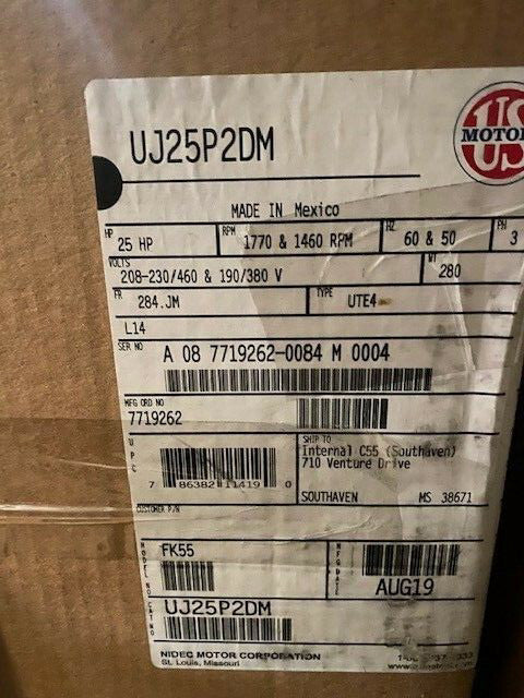 U.S. MOTORS UJ25P2DM Motor,3PH, 25HP, 1800, 208-230/460V, TE JM (NEW)