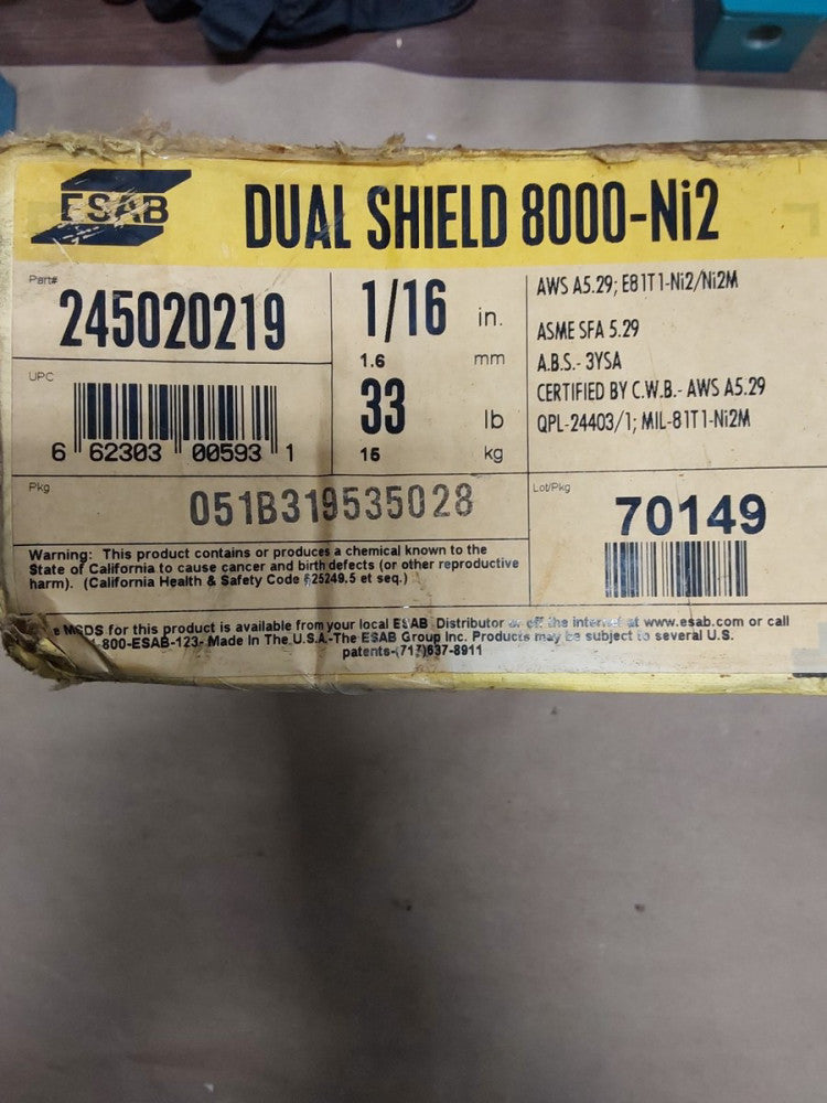 ESAB DUAL SHIELD 8000-Ni2 MIG WELDING WIRE 1/16" 245020219, 33# Spool