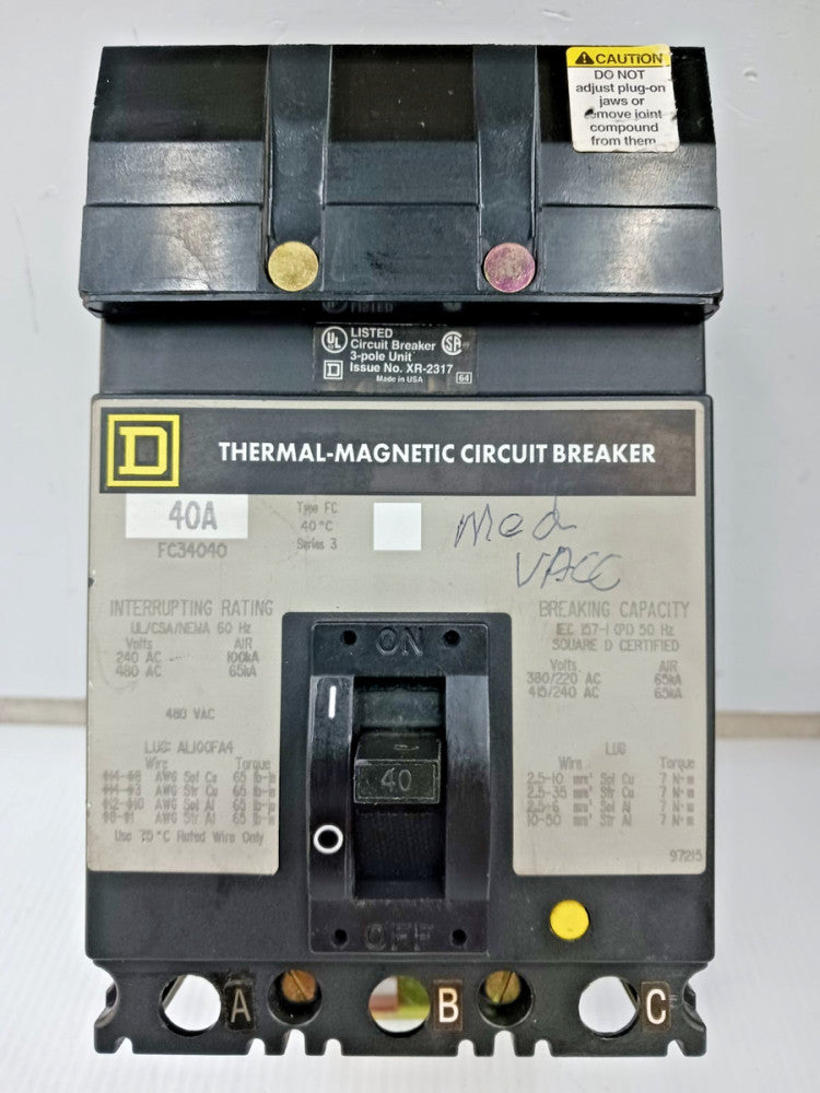 Square D 40 Amp I-Line Thermal-Magnetic Circuit Breaker 3P 480 VAC 65kA FC34040