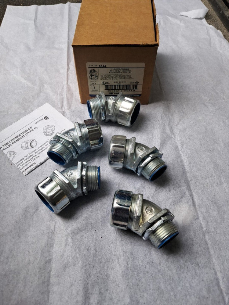 (5) Thomas & Betts 5344 1" Insulated 45-Degree Liquidtight conduit Connector