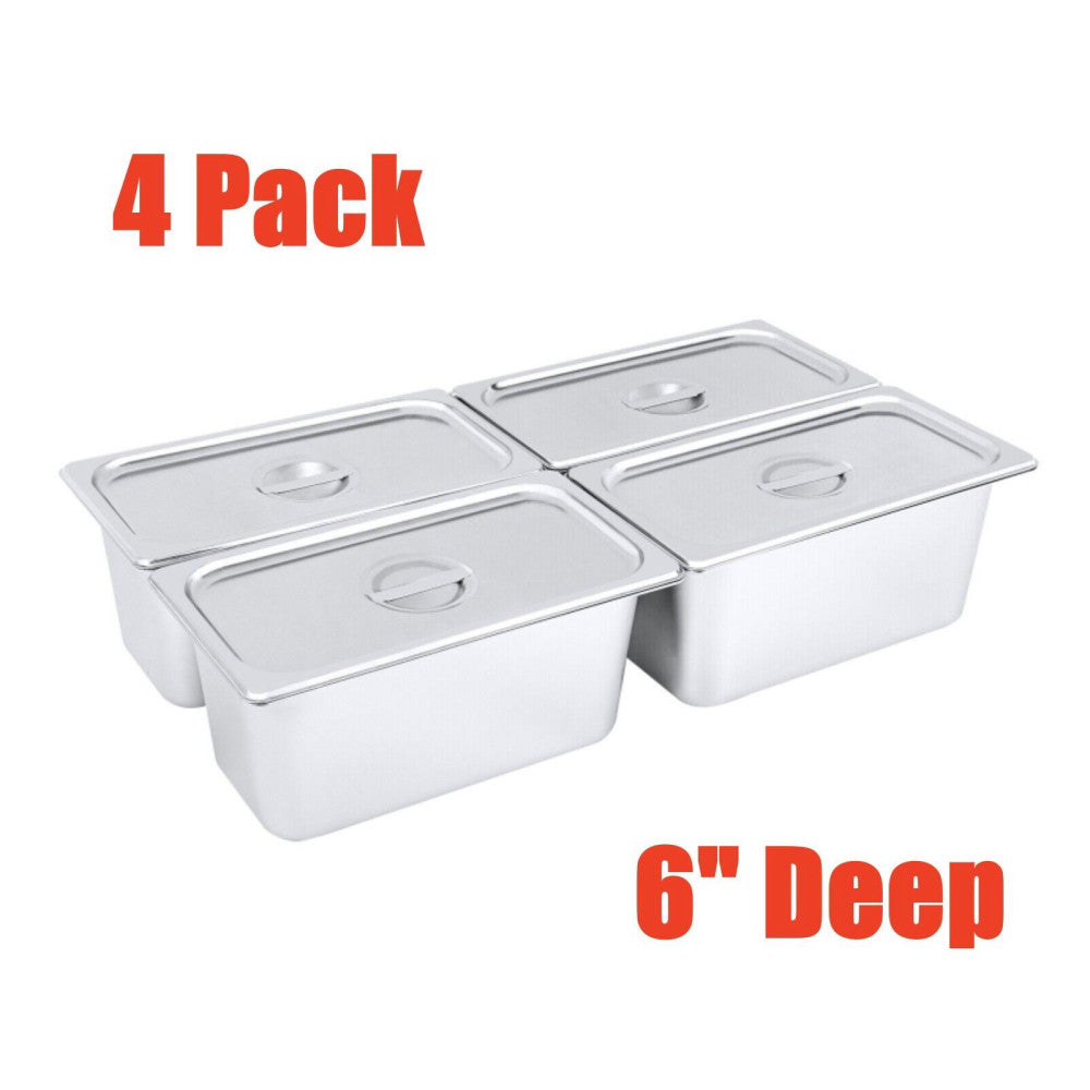 4 Pack 6" Deep Stainless Steel Steam Table Pans Hotel Food Prep Pan with Lids US