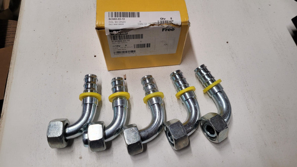 Box / 5 Parker 3C582-22-12 Push on Field Attachable Hydraulic Hose Elbow Fitting