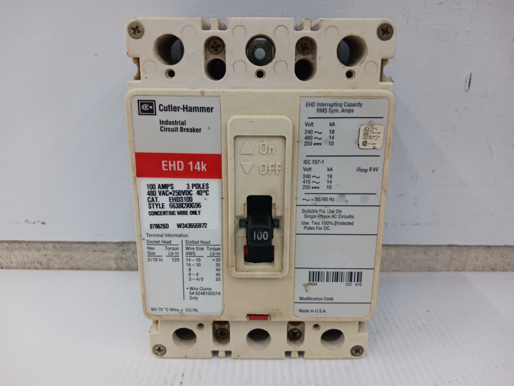 Cutler Hammer 100 Amp Circuit Breaker 3 Pole 480 VAC / 250 VDC 14kA EHD3100