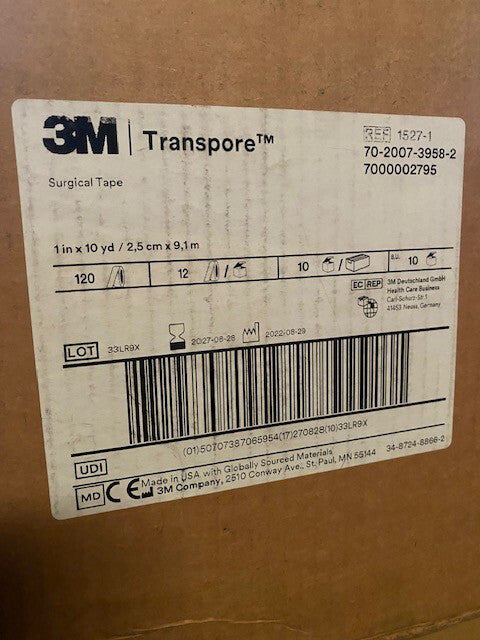 *120-Rolls* 3M Transpore Surgical Hypoallergenic Tape 1" x 10 Yards 1527-1
