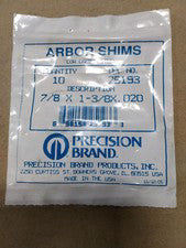 Precision Brand Arbor Shims 25193 7/8x1-3/8x.020 Quantity Of 10 Low Carbon Steel
