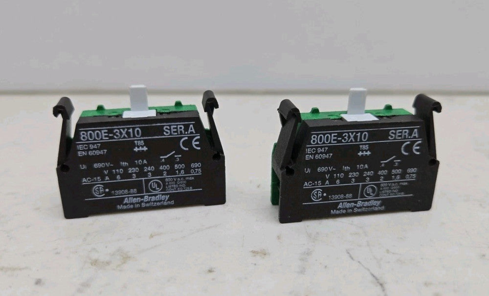 2 Pack Allen Bradley 800E-3X10 Contact Block 10A 690 Vac 1NO 22.5mm Latch Mount
