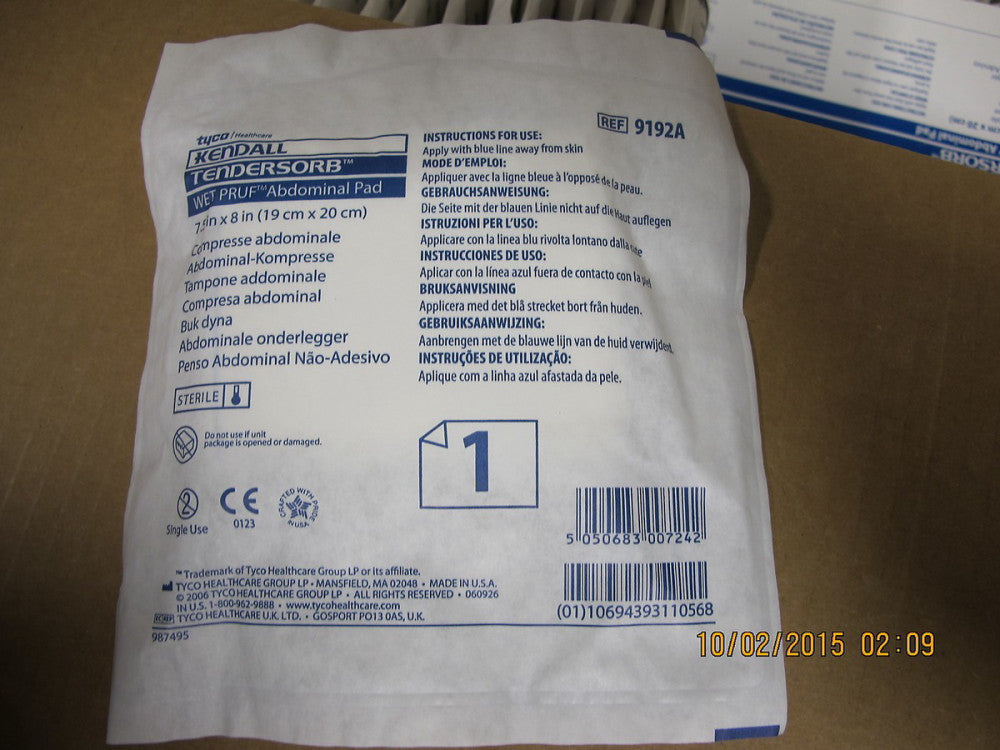 Case of 216 Tendersorb Wet-Pruf Abdominal Pad) 7 ½” x 8, Sterile Covidien 9192A