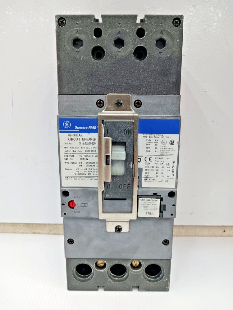 GE 250 Amp Circuit Breaker 3 Pole 600 VAC SFHA36AT0250 W/ 175 Amp Trip Plug