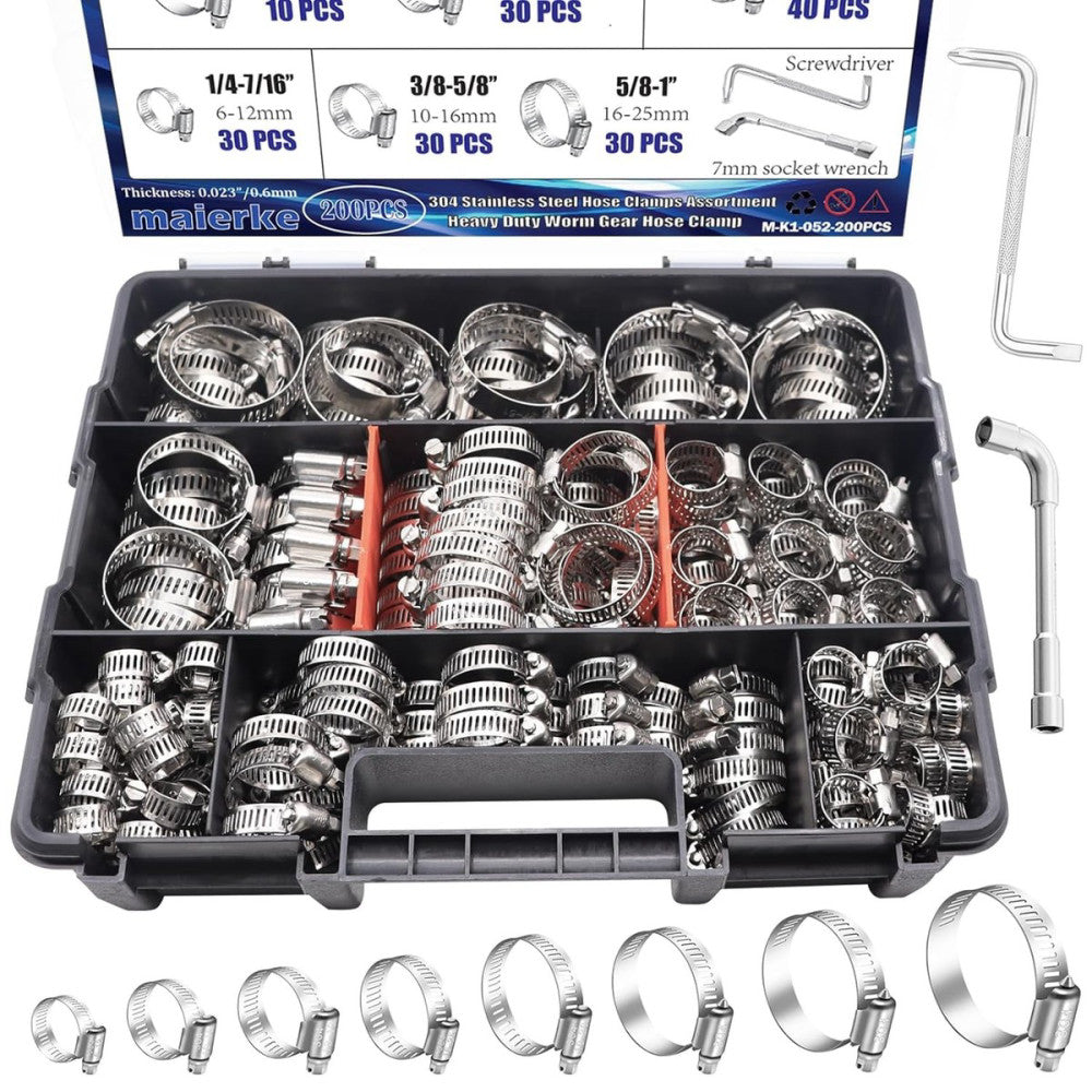 200PCS Hose Clamp Assortment 304 Stainless Steel Hose Clamp Kit,Adjustable