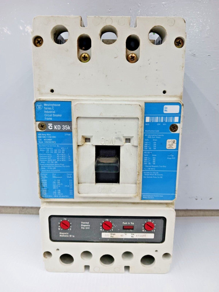 WESTINGHOUSE 400 AMP CIRCUIT BREAKER 3 POLE 600 VAC 35kA KD3400F W/ 225 AMP TRIP