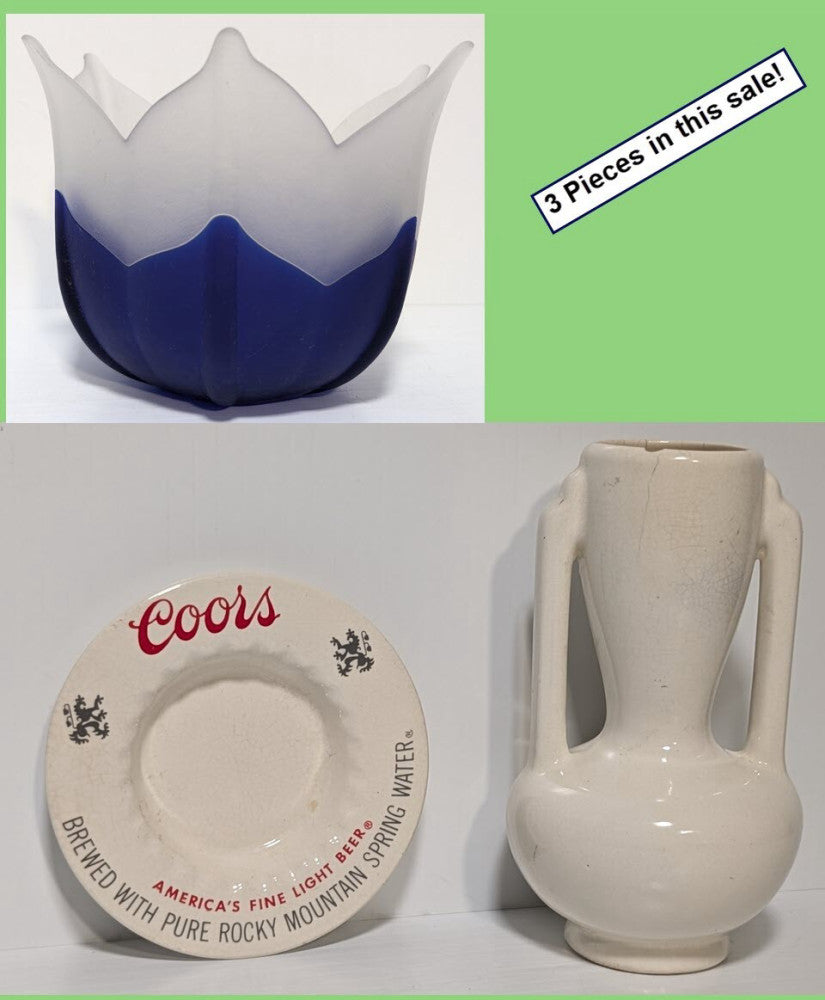 Lot of 3 Eclectic Decorative Pieces, Vase, Candle Holder, Coors Ash Tray