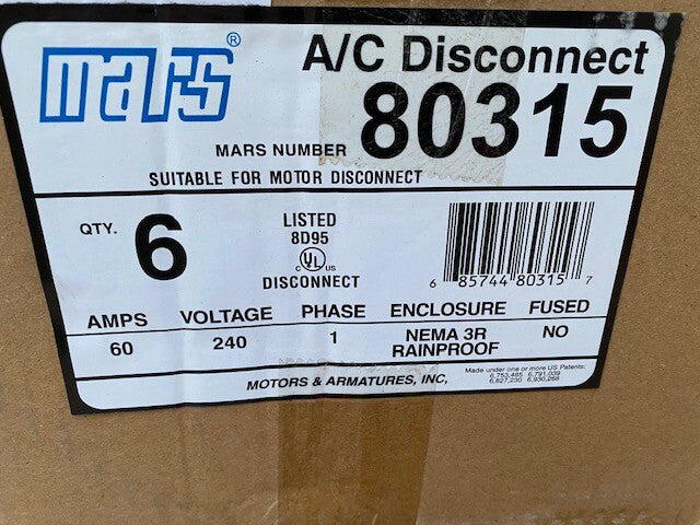 (Case of 6) Mars 80315 Non-fusible Disconnect Switch, 60a, 240v (NEW)