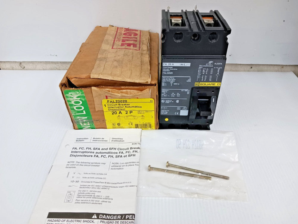New Square D 20 Amp Circuit Breaker 2 Pole 240 VAC / 250 VDC FAL22020 (Flaw)