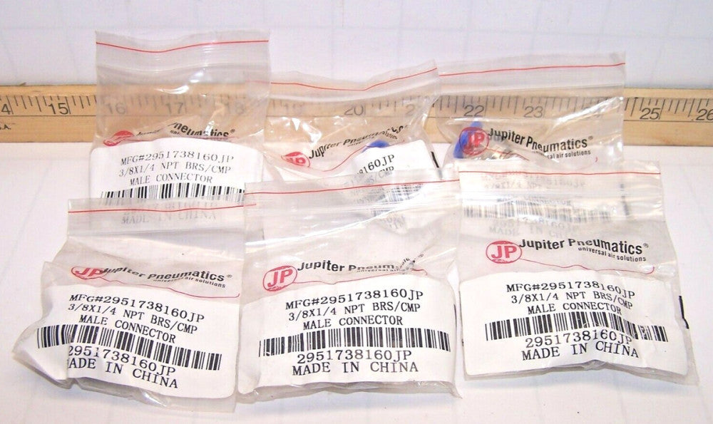 6) Jupiter Pneumatics 3/8" X 1/4" Nickel Plated Brass Push To Connect (LOT OF 6)