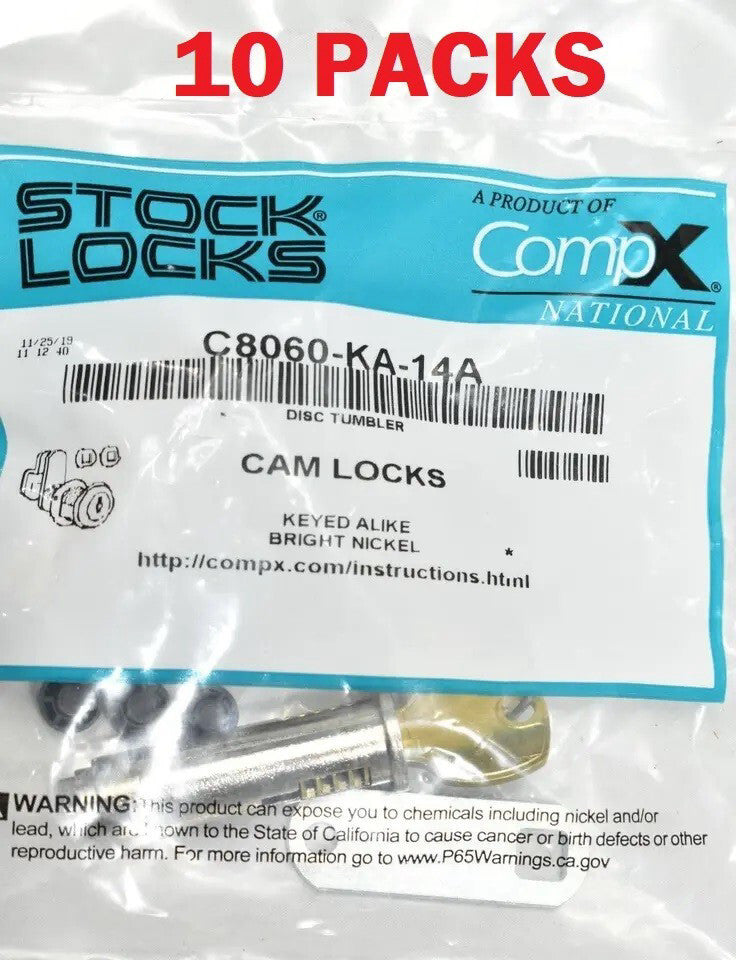 [10 Pk] Stock Locks C8060-KA-14A Disc Tumbler Cam Lock Keyed Alike Bright Nickel