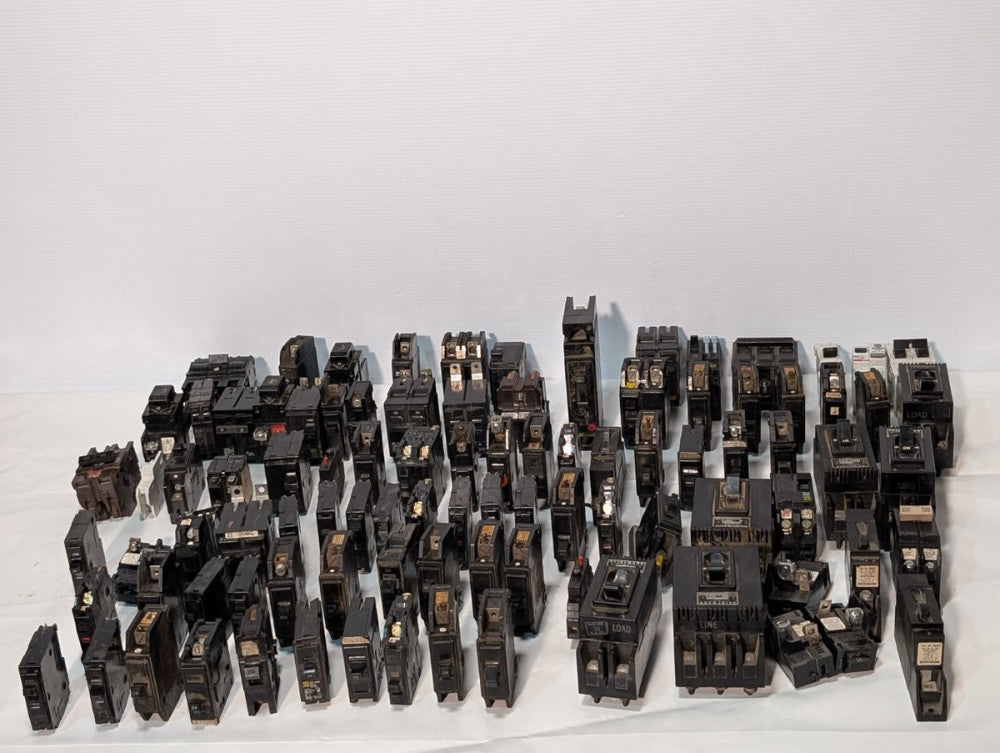 Huge Lot of 90+ Circuit Breakers, Varying Types, Amps and Manufacturers