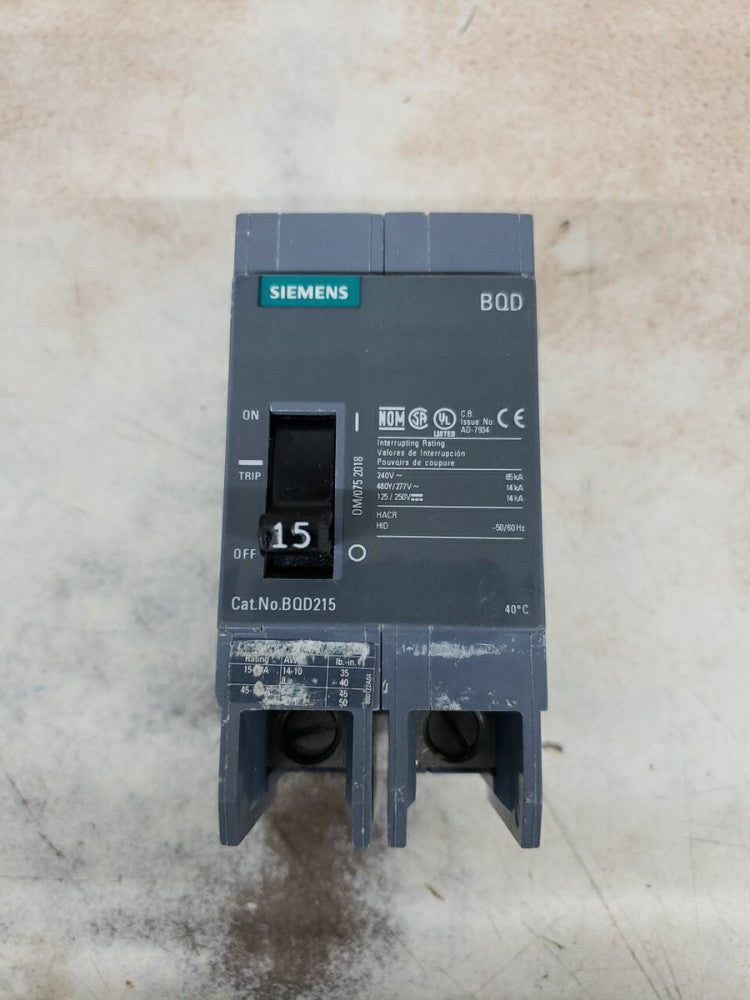 1-SIEMENS BQD215 2 POLE 15 AMP Type BQD Circuit Breaker