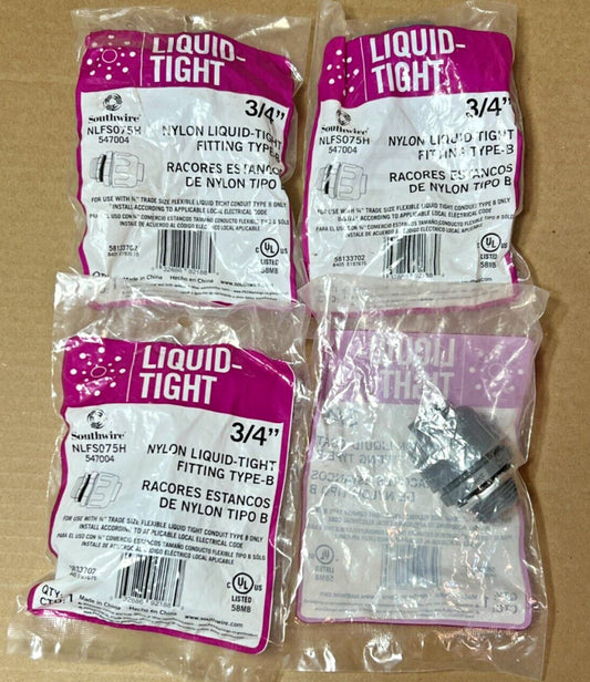  (Lot of 4) Southwire NLFS075H 3/4" Nylon Liquid-Tight Fitting Type B 547004