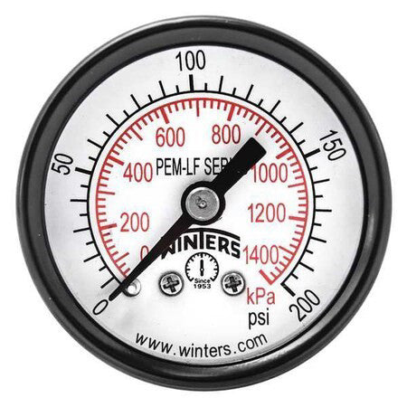 Winters Pem1422lf Pressure Gauge, 0 To 200 Psi Psi, 1 1/2 In Dial, 1/8 In Npt