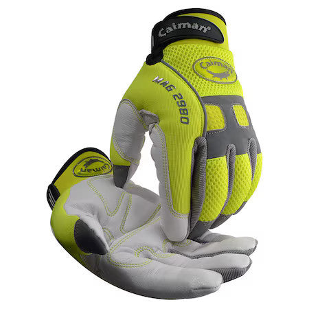 Caiman 2980-4 Hi-Vis Mechanics Gloves, Goat Grain Leather Palm, M, Yellow/White