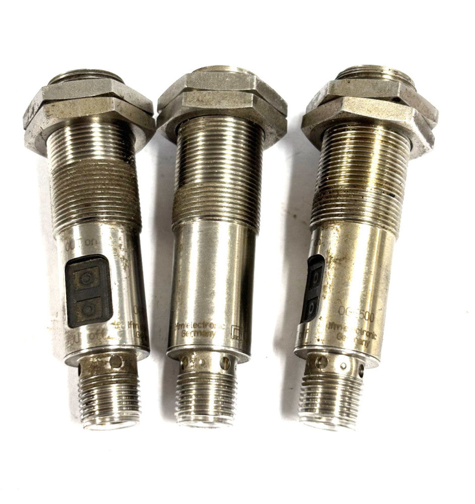 IFM PHOTOELECTRIC SENSOR RECEIVER OGE500: M18 THREADED, M12 CONNECTOR, LOT OF 3