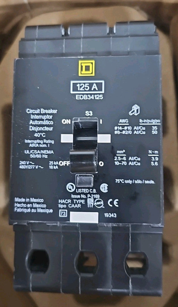NOS Square D EDB34125 Circuit Breaker 125 Amp 3 Pole 480 Vac