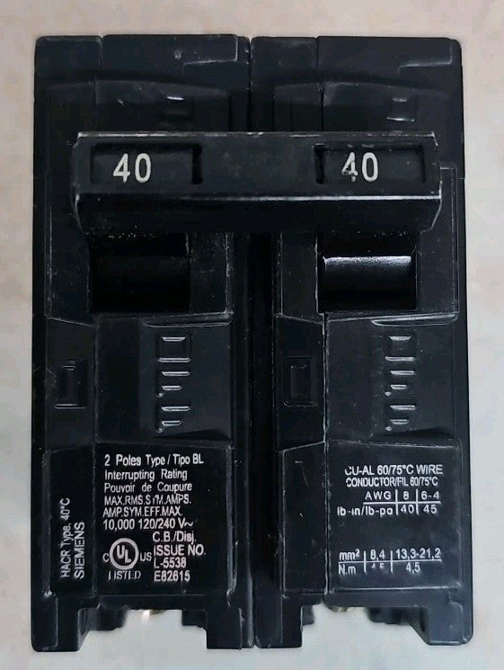 Siemens B240 40A 240V 2P 10kA Bolt-On Circuit Breaker - NOS