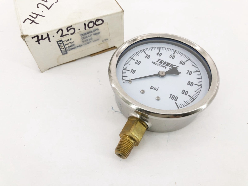 New Trerice D82B4002LA110 Pressure Gauge D82B 4" 0-100psi 1/4" Lower