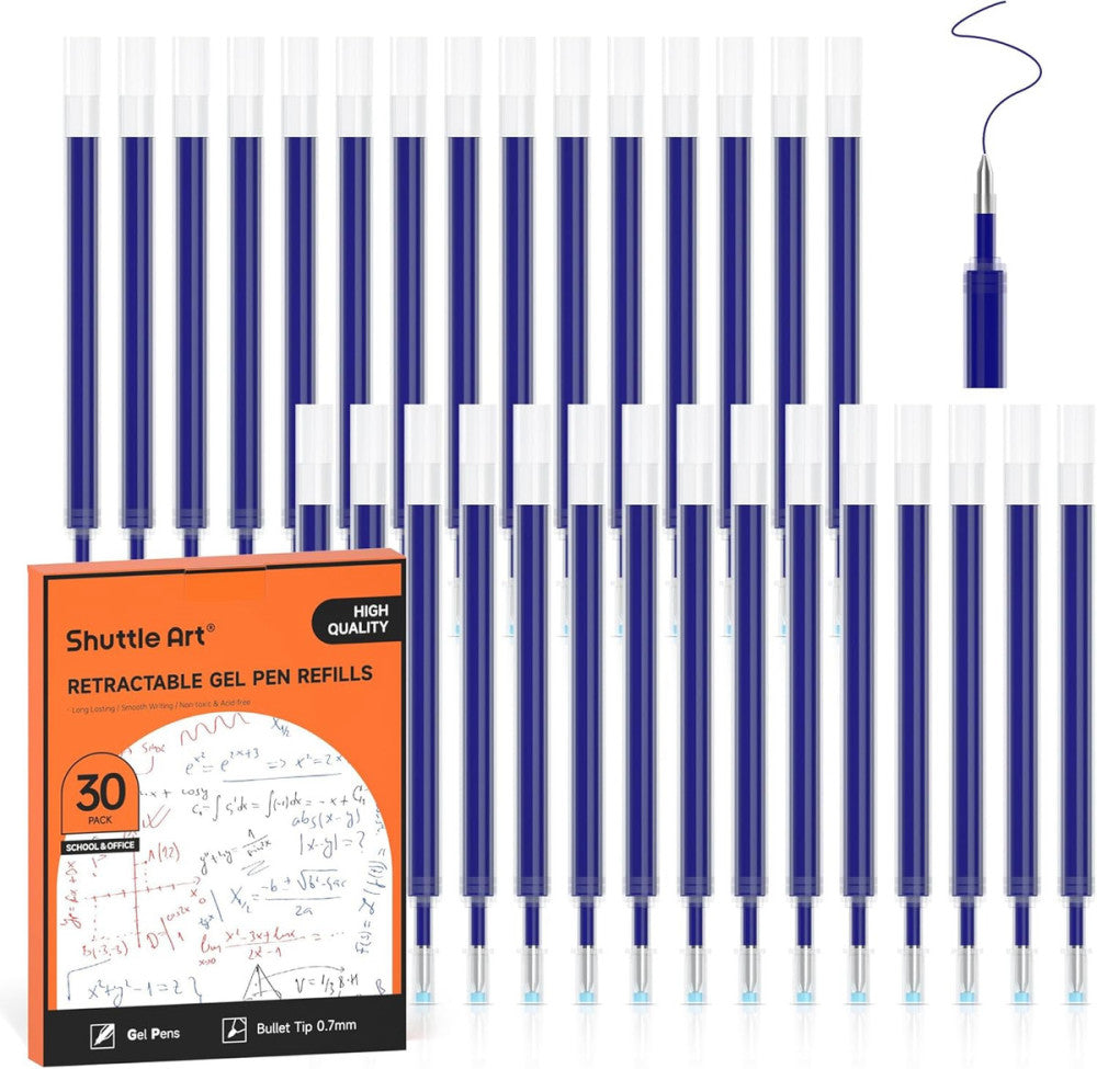 Retractable Gel Pen Refills, 30 Pack Blue Rollerball Gel Ink Pens Refills, Bulk 