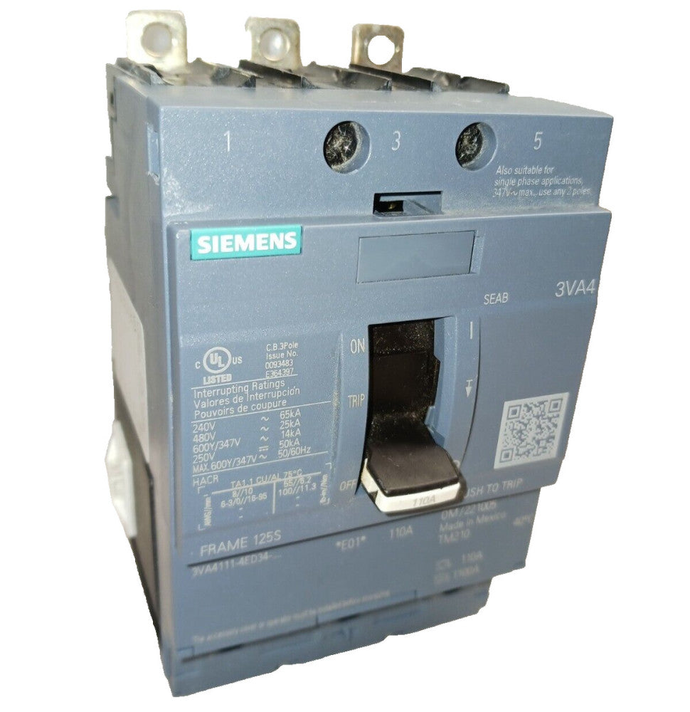 SIEMENS 3VA4111-4ED34-0AA0 110 AMP CIRCUIT BREAKER 3 POLE 480 VAC 25kA