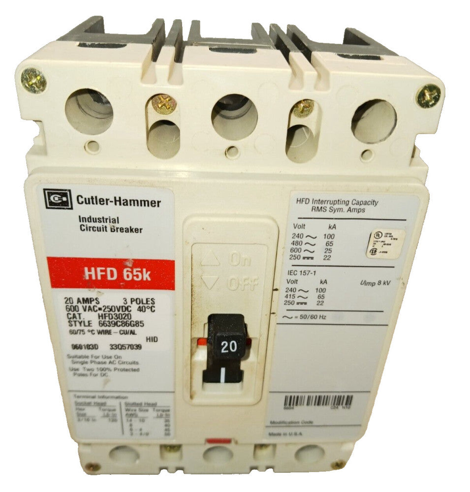 NEW TAKEOUT CUTLER HAMMER 20 AMP CIRCUIT BREAKER 3 POLE 600 VAC  HFD3020