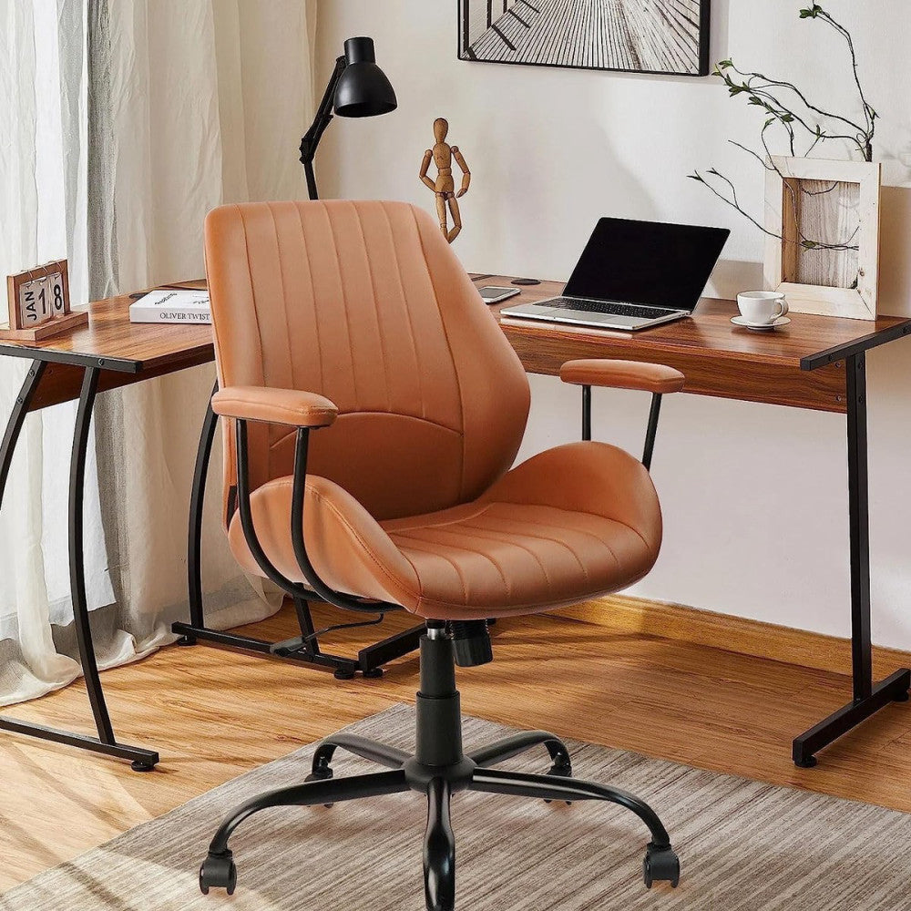 Brown Leather Office Chair with Wheels and Arms, Ergonomic Home Desk Chair with
