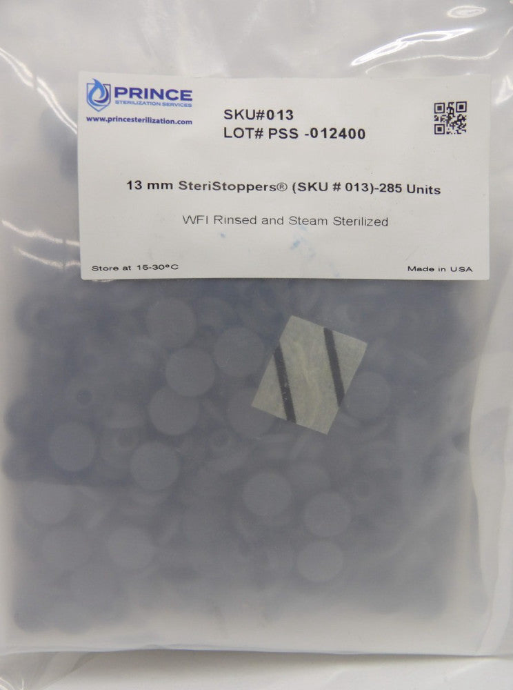Prince SKU#013 13 mm SteriStoppers WFI Rinsed and Steam Sterilized 285 Units
