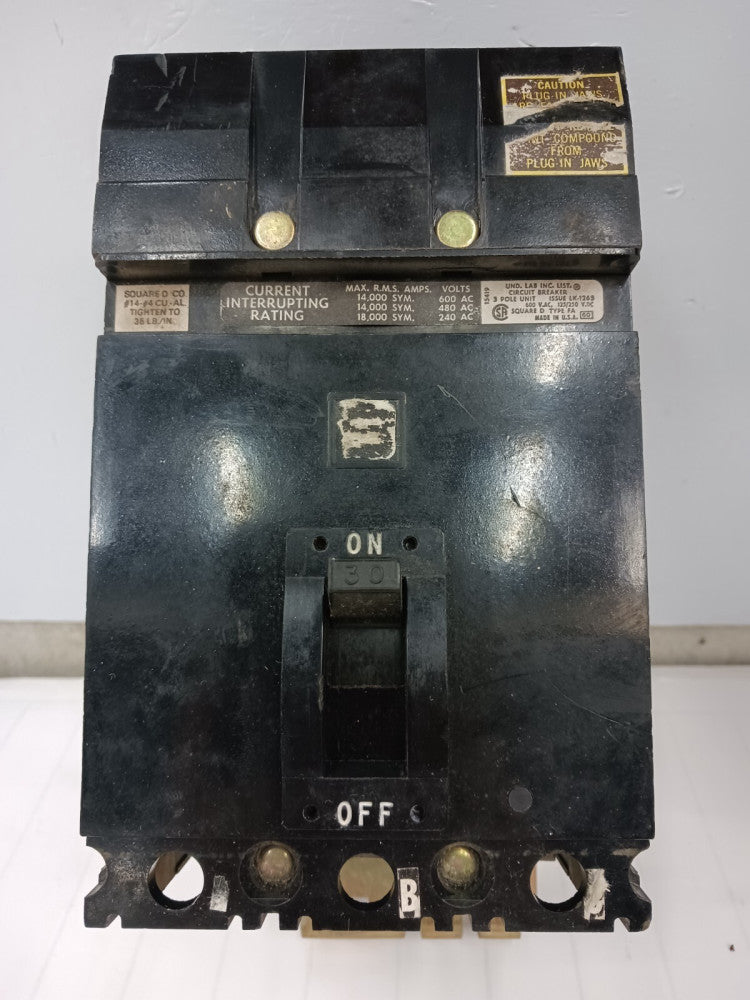 SQUARE D 30 AMP CIRCUIT BREAKER 3 POLE 600 VAC FA-36030