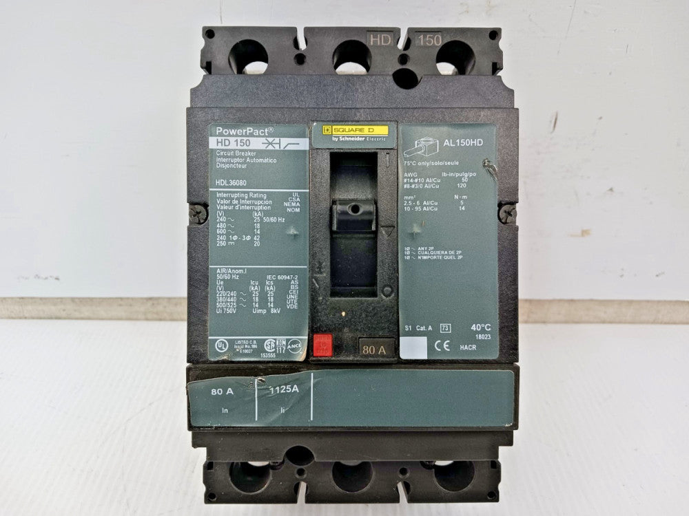 Square D PowerPact 80 Amp Circuit Breaker 3 Pole 600 VAC / 250 VDC 18kA HDL36080