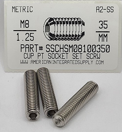 M8-1.25X35MM HEX SOCKET SET SCREWS CUP POINT A2 STAINLESS STEEL (25)