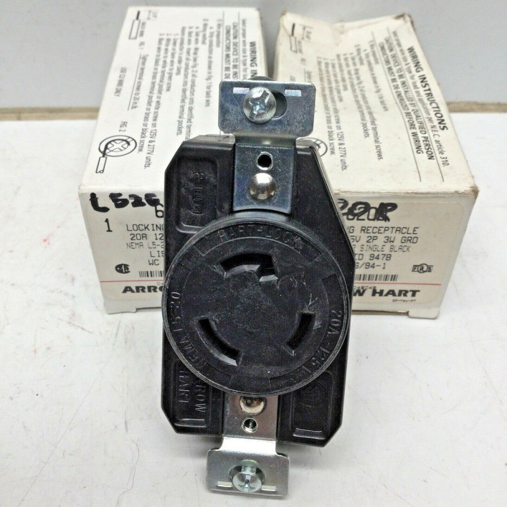 ARROW HART 6200 LOCKING ELECTRICAL RECEPTACLE 20A 125V L5-20R (2 PACK) 2P 3W