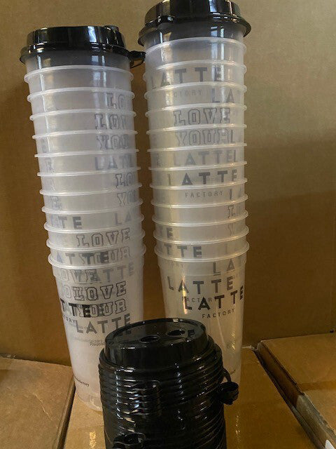 (25 PACK) Latte Factory Reusable Plastic Cups & Lids - Love Your Latte (NEW)