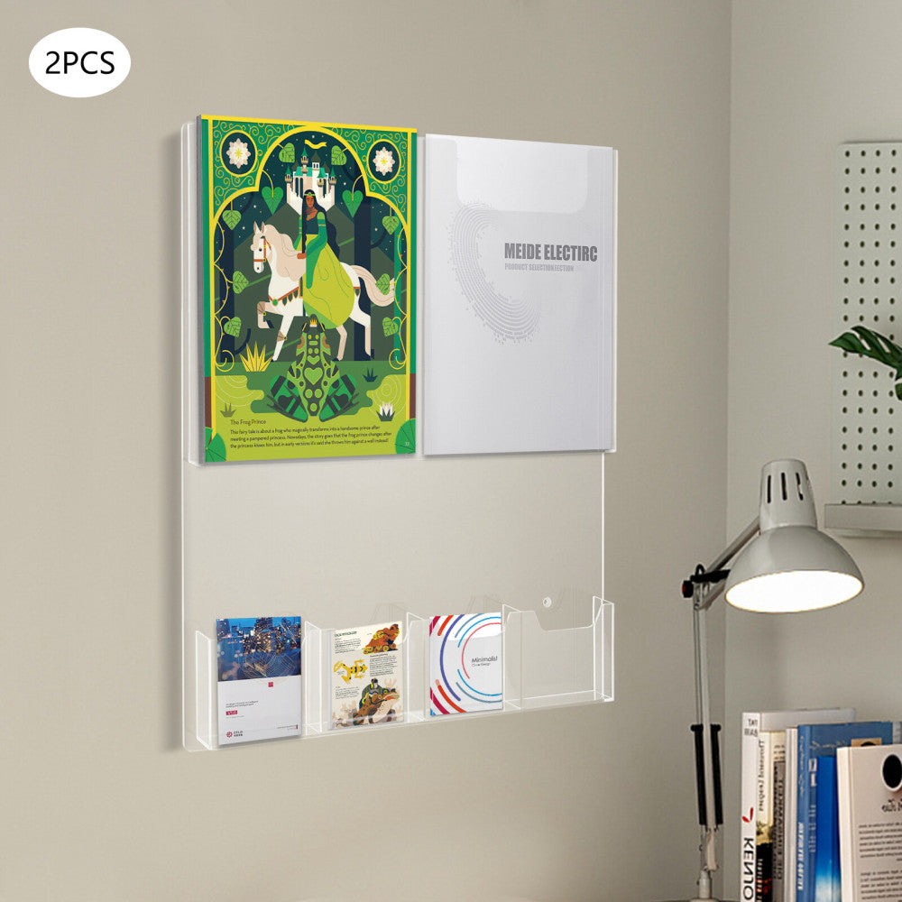 2x Clear Acrylic Brochure Holder 6 Slots Wall-Mount Poster Rack Literature Stand