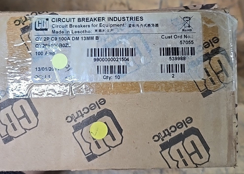 1) CBI Box of 10 QY289100B0ZL 2 POLE 100 AMP Circuit Breaker