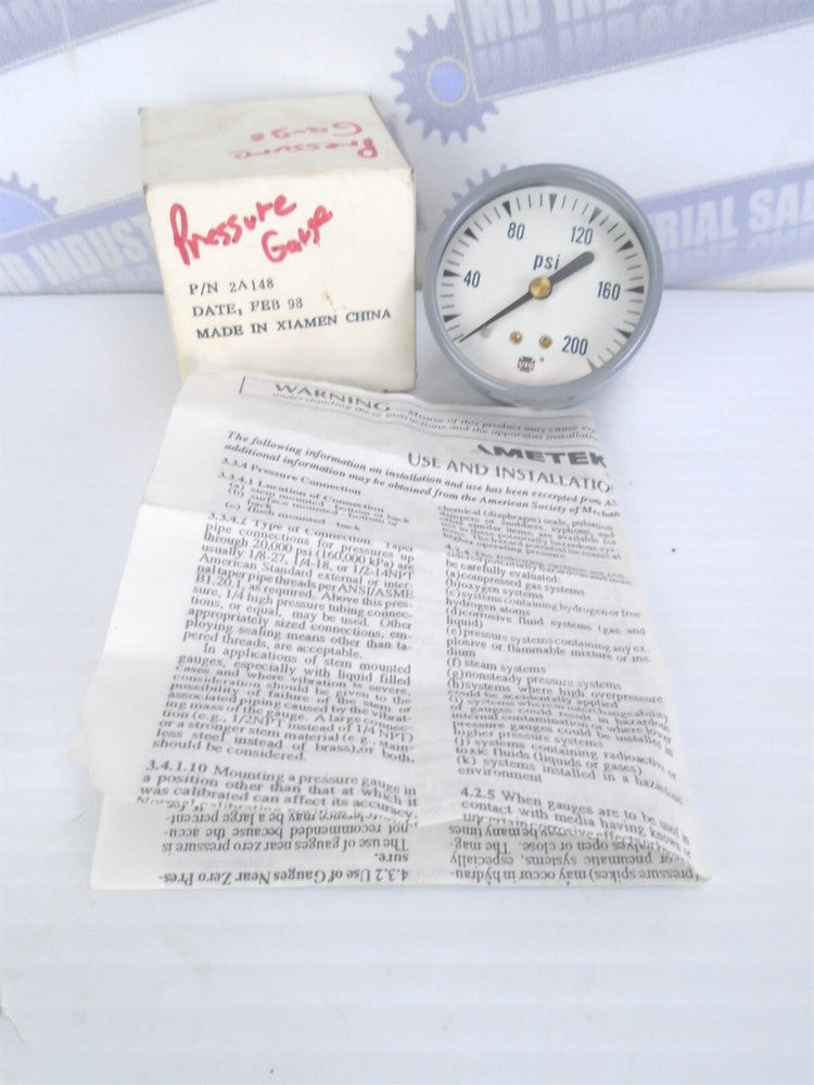 Ametek - 200 Psi Pressure Gauge - New - NIB, 2A148 2" Back Mount - (NEW in BOX)