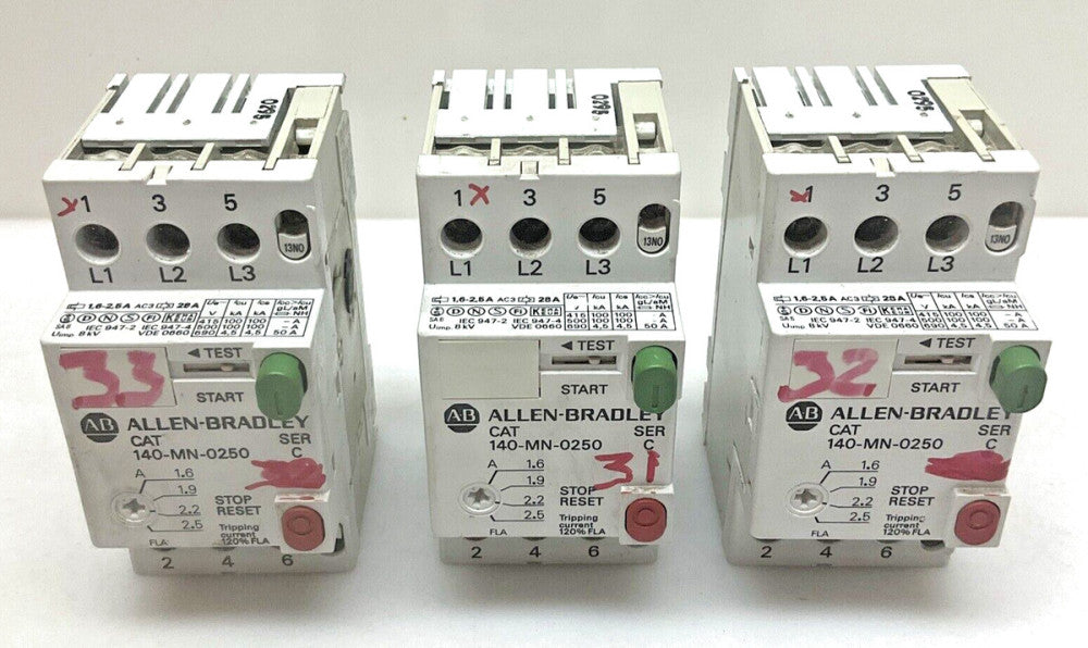 3 Pack Allen-Bradley 140-MN-0250 Motor Starter Ser. C 600V 2.5A 3Ph 3 Pole Used