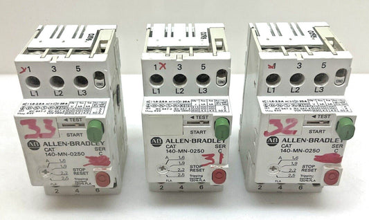 3 Pack Allen-Bradley 140-MN-0250 Motor Starter Ser. C 600V 2.5A 3Ph 3 Pole Used