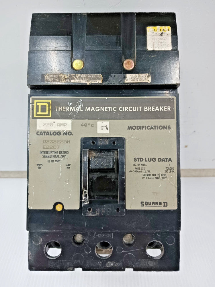 Square D 225 Amp Thermal-Magnetic Circuit Breaker 3 Pole 240 VAC Q232225H *Flaw*