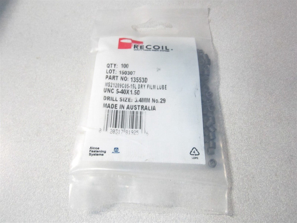 Recoil (13553D) #5-40, 1-1/2D Stainless Steel Screw-Locking Insert - Pack of 100
