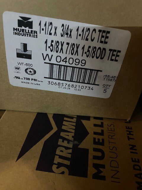 (5 PACK) Mueller WT-600 / W04099, 1-1/2X3/4X1-1/2 COP RED TEE
