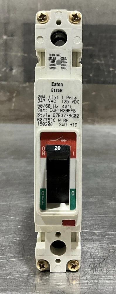 Eaton E125H EGH1020FFB 20A 1P 347Vac/ 125Vdc Circuit Breaker Nos Surplus